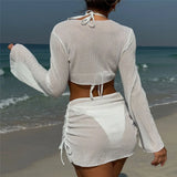 Solid White String Halter Bikinis Sets 4 Pieces Sexy Swimsuit Women Long Sleeve Cover Ups Tops Skirts Swimwear Bikini Beachwear