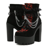 Gdgydh Vintage Gothic Lace Ankle Boots for Women Chunky Heel Side Zipper with Chain Detail Platform Goth Boots High Heels