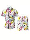 Men 3D Printed Graffiti Pattern Summer Neutral Fashion Casual Rave Party Style Shirt+Short 2 Piece Oversized Hawaiian Shirt Set