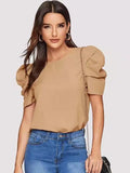 Women Blouse Fashionable Summer Versatile Urban Leisure Bubble Sleeve Round Neck Straight Tube Women's T-shirt Blouses Shirts