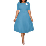 New Plus size women's Summer Style Elegant Ladies  fashion short sleeve pleated high waist Dresses ladies  dress for women