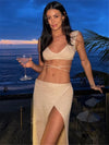 2025 Sexy Two-piece Set V-neck Lace-up Slim Slit Backless Tunic Summer Beach Dress Women Bikini Cover-ups Knit Maxi Dress A2344