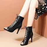 Lace-Up Sandals Heels 9CM Women's Shoes Summer 2024 Trend Black Sexy Peep Toe Boots Fashion Cloth Stilettos Jazz Dance Female