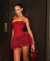 Women Sexy Red 3D Flowers Dress Sets Y2K Fishbone Bandage Adjustable Tube Top Flower Mini Skirt Suit High Street Women Outfits