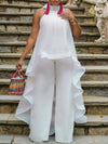 Women Summer White Pant Sets Backless Long Chiffon Blouse Wide Leg Trousers Elegant Ladies Party Vacation Beach 2 Piece Outfits