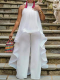 Women Summer White Pant Sets Backless Long Chiffon Blouse Wide Leg Trousers Elegant Ladies Party Vacation Beach 2 Piece Outfits