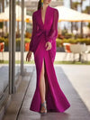Women Elegant Evening Party Dresses 2025 New Spring Summer Solid Color Deep V-Neck Split-Front Bandage Banquet Prom Gown