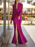 Women Elegant Evening Party Dresses 2025 New Spring Summer Solid Color Deep V-Neck Split-Front Bandage Banquet Prom Gown