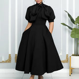 Elegant Party Dresses for Woman 2024 Luxury Bow Collar Short Sleeve High Waisted A Line Pleated Ankle Length Birthday Party Robe