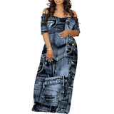 Women's Fashion  Printed Short Sleeve Long Dress Sexy Off Shoulder Backless Bodycon Split Cocktail Party Dress ﻿