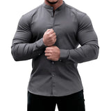 Men's  Casual Shirt Slim Fit Micro-elastic Long Sleeve Comfortable Versatile Stand Collar Tops Camisas  Men Dress Shirt