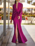Women Elegant Evening Party Dresses 2025 New Spring Summer Solid Color Deep V-Neck Split-Front Bandage Banquet Prom Gown