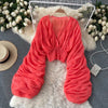 Women Blouse Sexy Deep V Neck Tops Full Puff Sleeve Tight Waist Top Shirts Slim Fit Blouses Elegant Splice Pleated Shirt