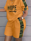 Plus Size Outfits Two Piece Set, Women's Plus Letter Print Contrast Panel Short Sleeve Tee & Shorts Outfits 2 Piece Set