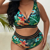 Plus Size Swimsuit Leaves Printed High Waist Two Pieces Bikini Set Swimsuit Female Women Beachwear Swimwear Bather Bathing Suit