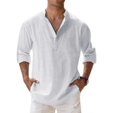 New Men Casual Shirts Lightweight Long Sleeve Henley Cotton Shirts for Beach Linen Shirts Hawaiian Breathable Collar Tops