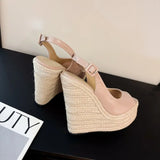 Fashion New Wedges Woven Hemp Rope High Heels Womens Sandals Fish Mouth Platform Back Buckle Strap Thick Soled Shoes Apricot
