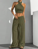 Women's Clothing Summer Casual Solid Color 2 Piece Set New Backless Cross-chest Wrapping Sexy Tank Top & Wide-leg Trousers Pants