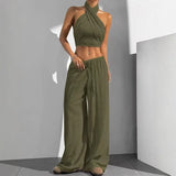 Women's Clothing Summer Casual Solid Color 2 Piece Set New Backless Cross-chest Wrapping Sexy Tank Top & Wide-leg Trousers Pants