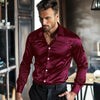 Casual Men's Satin Silk Dress Shirts Long Sleeve Social Single Breasted Button Turn-Down Collar Shirts Wedding Party Men Clothes