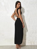 2025 Sexy Two-piece Set V-neck Lace-up Slim Slit Backless Tunic Summer Beach Dress Women Bikini Cover-ups Knit Maxi Dress A2344