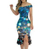 Women'S Party Dress Sexy Off Shoulder Split Ruffle Solid Bodycon Knee-Length Dress Fashion Glitter Party Elegant Dresses Vestido
