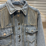 Chic Rhinestoness Tassels Beaded Denim Coat Bareback Diamonds Fringed Jeans Jacket Crystal Cardigan Streetwear Jaquetas