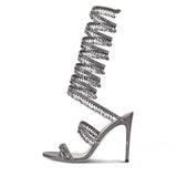 Round Open Toe Stiletto Elegant Summer New Snake-Shaped Rhinestone Foot Ring Strap High Heel Banquet Fashion Sandals for Women