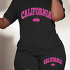 Plus Size California Two-Piece Sport Set Vibrant Graphic Print Short Sleeve T-Shirt, Comfortable Shorts, Casual Outfit for Women
