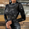 Rheinstone Diamonds Women Blouse Top T Shirt Long Sleeve Summer Fashion Slim