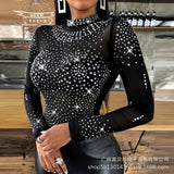 Rheinstone Diamonds Women Blouse Top T Shirt Long Sleeve Summer Fashion Slim