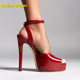 Peep Toe Platform Buckle Strap Red Sandals Pointed Toe Thin Heel Slingback Sexy Women Runway Show Shoes Spicy Girl Party Trend