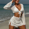 Solid White String Halter Bikinis Sets 4 Pieces Sexy Swimsuit Women Long Sleeve Cover Ups Tops Skirts Swimwear Bikini Beachwear