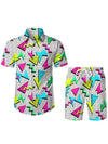 Men 3D Printed Graffiti Pattern Summer Neutral Fashion Casual Rave Party Style Shirt+Short 2 Piece Oversized Hawaiian Shirt Set