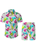 Men 3D Printed Graffiti Pattern Summer Neutral Fashion Casual Rave Party Style Shirt+Short 2 Piece Oversized Hawaiian Shirt Set