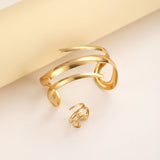 European And American Thick Bracelet And Ring Jewelry Set For Women Gold Color Geometric Line Bracelet Ring Combination Set Gift