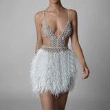 Women Party Dresses Elegant Short Feather Dress Ladies Sexy Backless V-neck Bandage Bodycon Dress Banquet Clothing