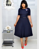 New Plus size women's Summer Style Elegant Ladies  fashion short sleeve pleated high waist Dresses ladies  dress for women