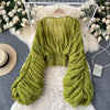 Women Blouse Sexy Deep V Neck Tops Full Puff Sleeve Tight Waist Top Shirts Slim Fit Blouses Elegant Splice Pleated Shirt