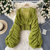 Women Blouse Sexy Deep V Neck Tops Full Puff Sleeve Tight Waist Top Shirts Slim Fit Blouses Elegant Splice Pleated Shirt