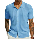 Men's Casual Tops Summer Cool Knitted Men's Shirt Short Sleeve Lapel Solid Color Hollow Breathable Men's Clothing