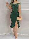 Womens Dresses New Summer Fashion Beaded Off Shoulder Ruffles Slit Hem Elegant Plain Short Sleeve Skinny Midi Party Dress