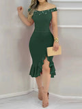 Womens Dresses New Summer Fashion Beaded Off Shoulder Ruffles Slit Hem Elegant Plain Short Sleeve Skinny Midi Party Dress