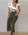 Womens Elegant Slim Two-Piece Sets Summer Fashion Print V Neck Button Flying Sleeve Shirt Top & Solid Long Pants Suits With Belt