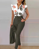 Womens Elegant Slim Two-Piece Sets Summer Fashion Print V Neck Button Flying Sleeve Shirt Top & Solid Long Pants Suits With Belt