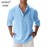 New Men Casual Shirts Lightweight Long Sleeve Henley Cotton Shirts for Beach Linen Shirts Hawaiian Breathable Collar Tops