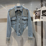Chic Rhinestoness Tassels Beaded Denim Coat Bareback Diamonds Fringed Jeans Jacket Crystal Cardigan Streetwear Jaquetas