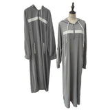 Mens Tops Muslim Middle Eastern Islamic Arabic Clothing Loose Striped Long Sleeve Drawstring Pockets Full Length Hooded Robe