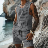Vest Shorts Set Men's Casual Sleeveless Knit Top Drawstring Shorts Set for Daily Wear Elastic Waist Wide Leg Shorts for Men's