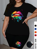Plus Size Women 2 Piece Shorts Set Short Sleeve T-shirt Elastic Summer Graphic Print Street Oversize Chic Two Piece Outfits